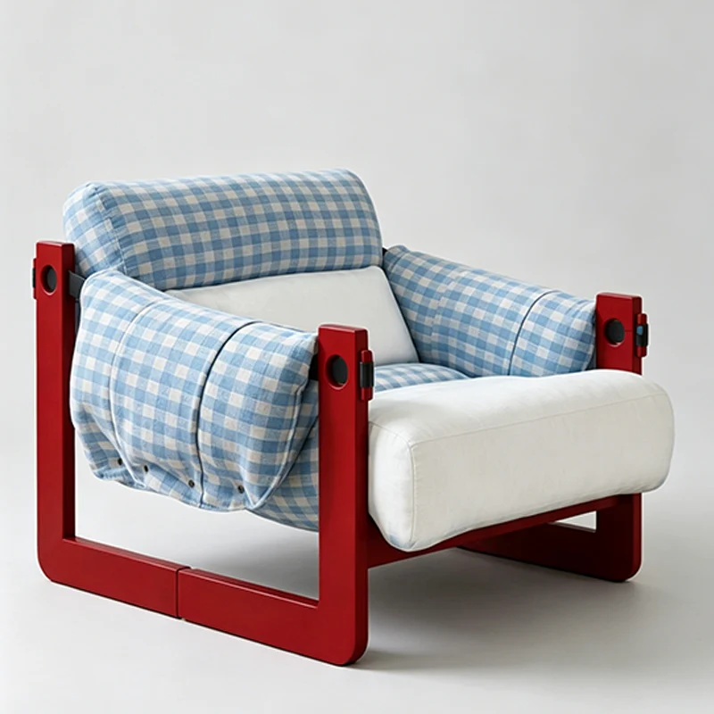 Dopamine Frame Blue Gingham Lounge Chair - Plush Ash Wood Accent Chair For Living Room