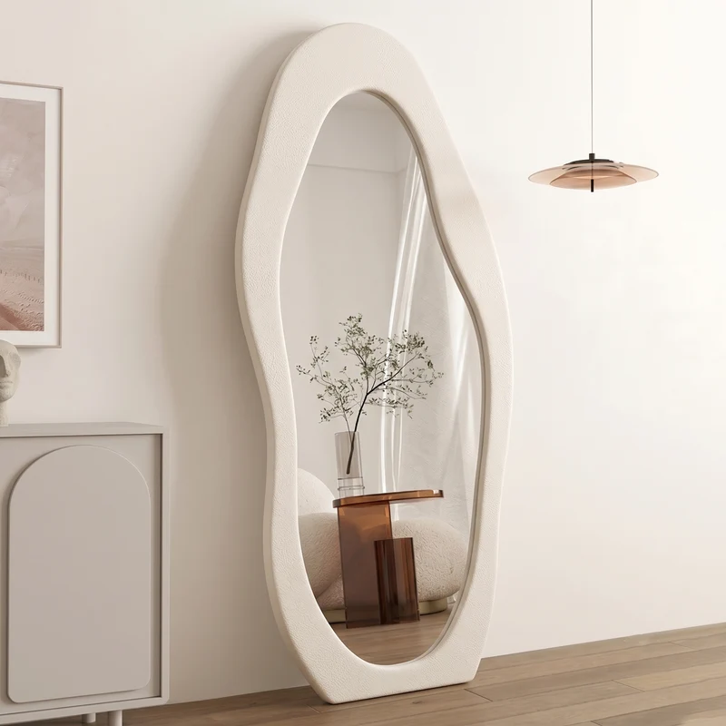 Modern Minimalist MDF Velvet Glass Wavy Full-Length Floor Mirror For Bedroom & Living Room