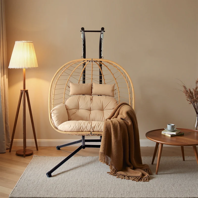 Modern Minimalist Galvanized Polyester PE Rattan Oval Double Swing Chair Backrest Armless For Living Room & Outdoor