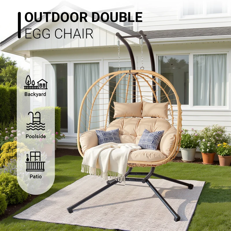 Modern Minimalist Galvanized Polyester PE Rattan Oval Double Swing Chair Backrest Armless For Living Room & Outdoor