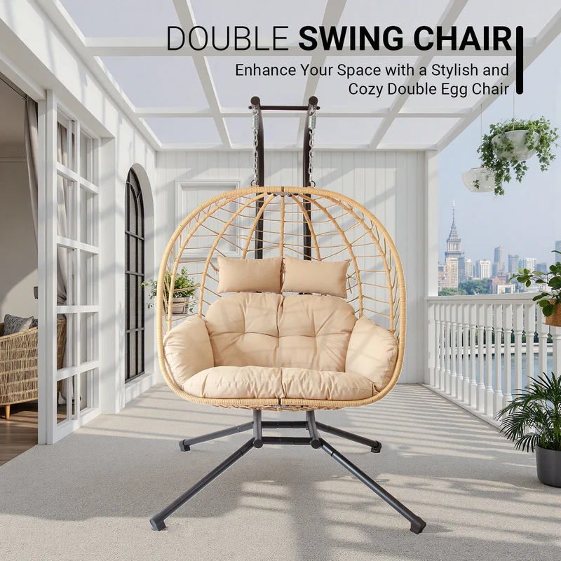 Modern Minimalist Galvanized Polyester PE Rattan Oval Double Swing Chair Backrest Armless For Living Room & Outdoor