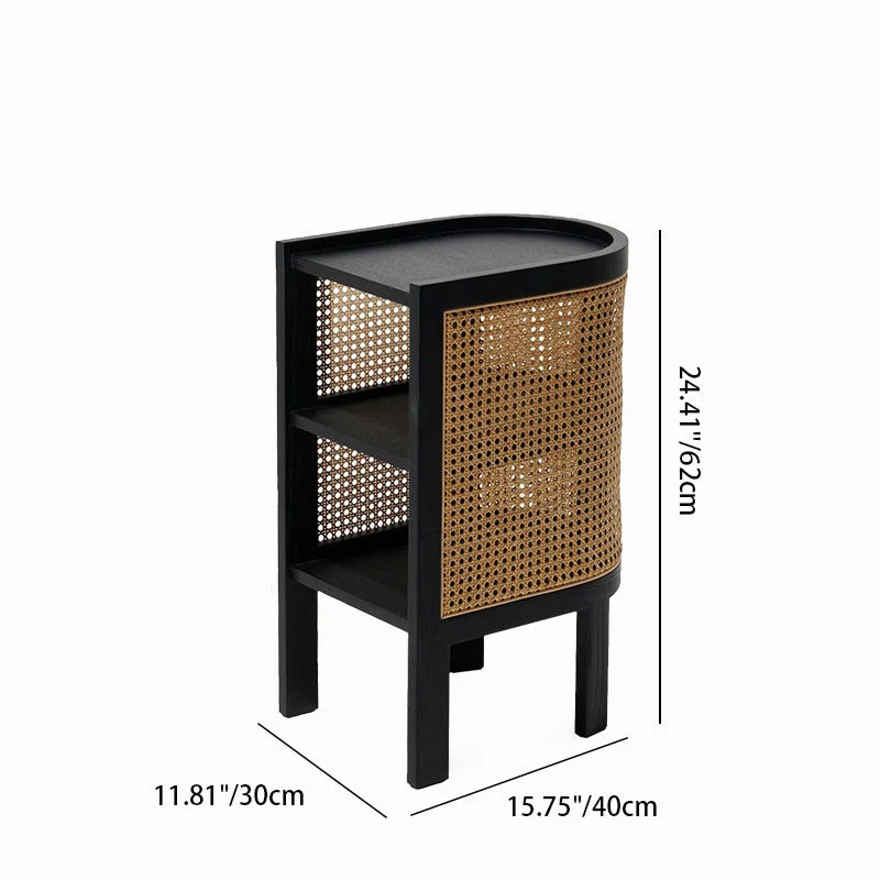 Traditional Rustic Cylindrical Ash Wood Rattan Nightstand 2 - Cabinet For Bedroom