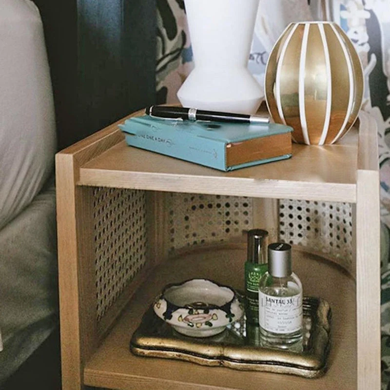Traditional Rustic Cylindrical Ash Wood Rattan Nightstand 2 - Cabinet For Bedroom