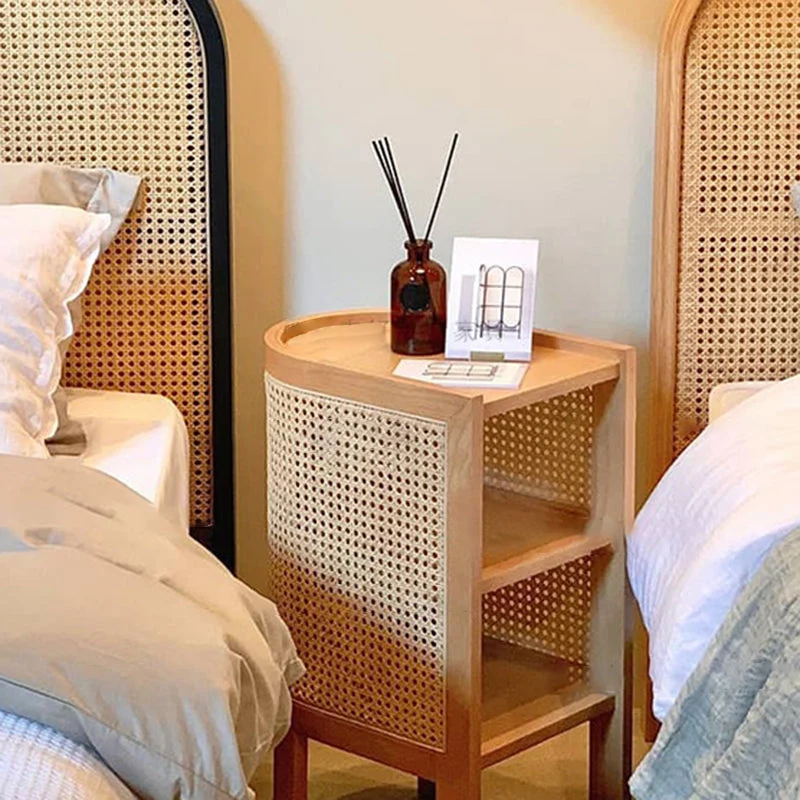 Traditional Rustic Cylindrical Ash Wood Rattan Nightstand 2 - Cabinet For Bedroom