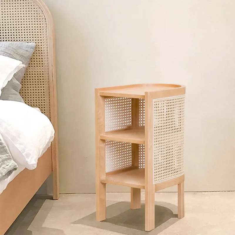 Traditional Rustic Cylindrical Ash Wood Rattan Nightstand 2 - Cabinet For Bedroom