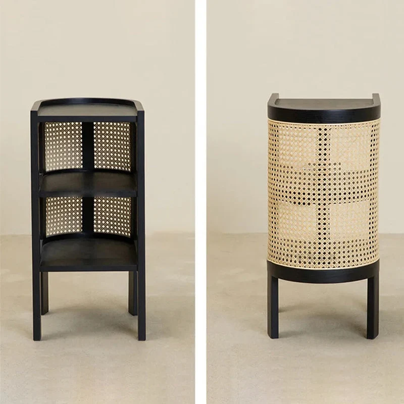 Traditional Rustic Cylindrical Ash Wood Rattan Nightstand 2 - Cabinet For Bedroom