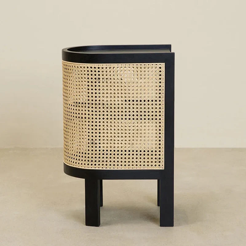 Traditional Rustic Cylindrical Ash Wood Rattan Nightstand 2 - Cabinet For Bedroom