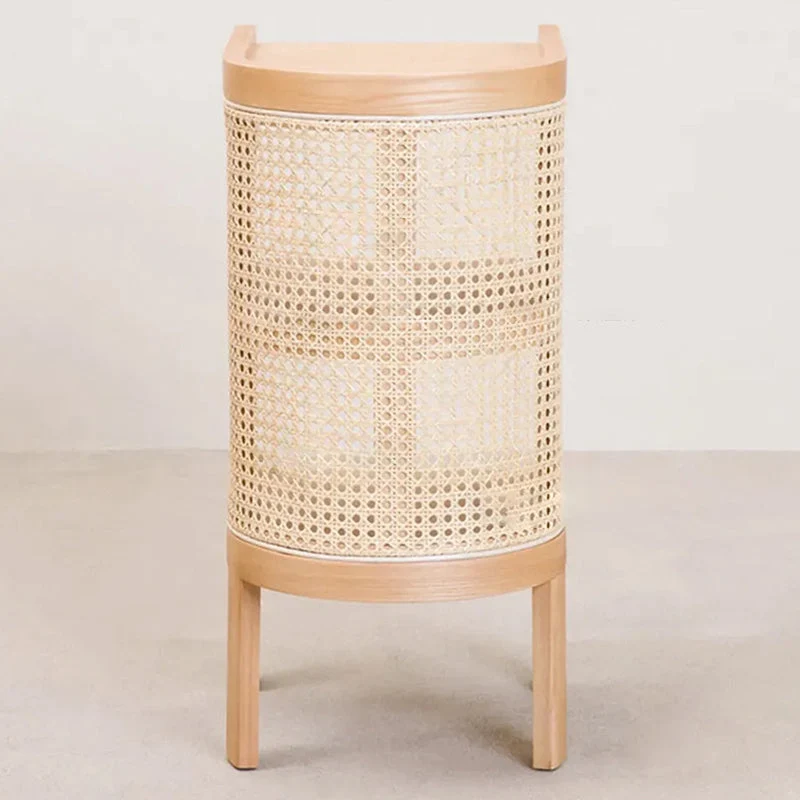 Traditional Rustic Cylindrical Ash Wood Rattan Nightstand 2 - Cabinet For Bedroom