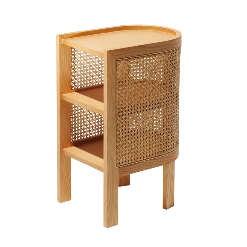 Traditional Rustic Cylindrical Ash Wood Rattan Nightstand 2 - Cabinet For Bedroom