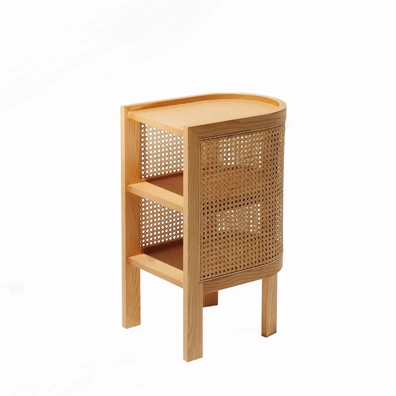 Traditional Rustic Cylindrical Ash Wood Rattan Nightstand 2 - Cabinet For Bedroom