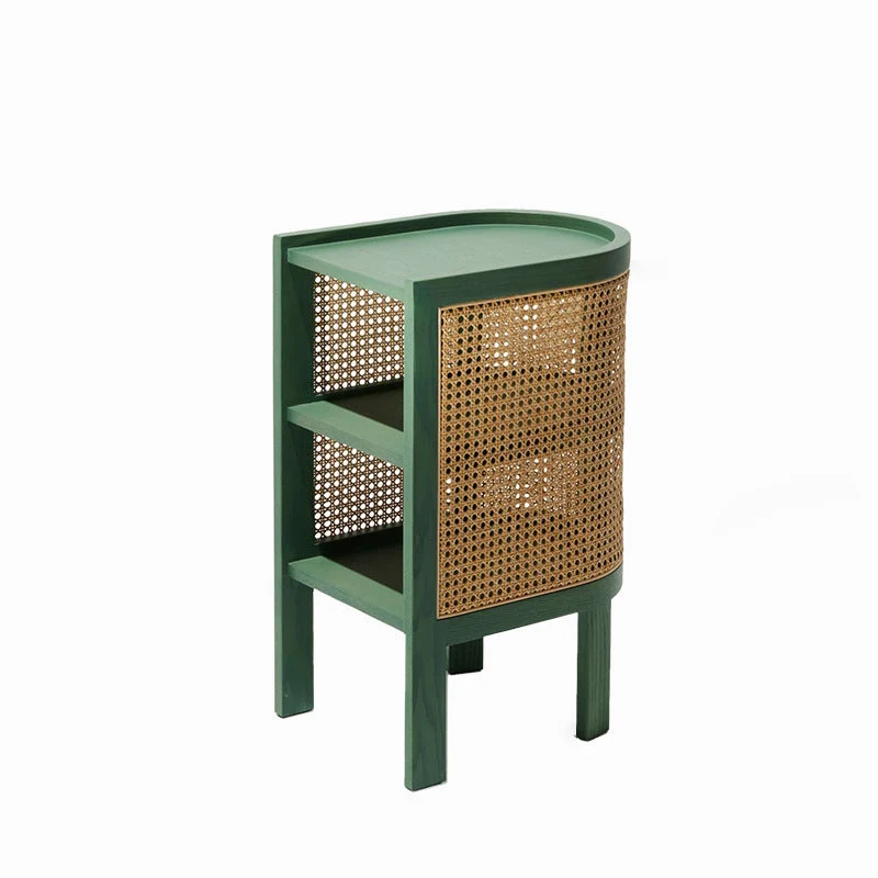Traditional Rustic Cylindrical Ash Wood Rattan Nightstand 2 - Cabinet For Bedroom
