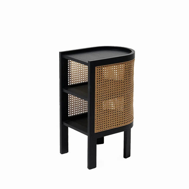 Traditional Rustic Cylindrical Ash Wood Rattan Nightstand 2 - Cabinet For Bedroom