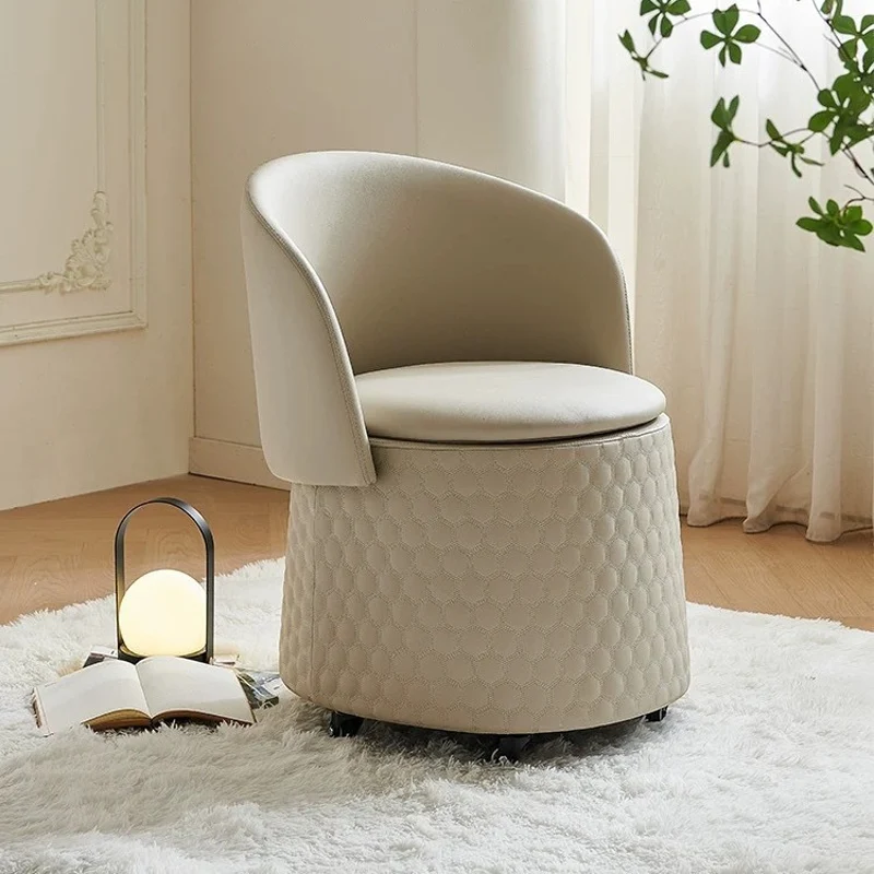 Contemporary Scandinavian Genuine Leather Faux Leather Solid Plywood Arc Hidden Storage Compartment Vanity Stool Backrest Armless For Bedroom