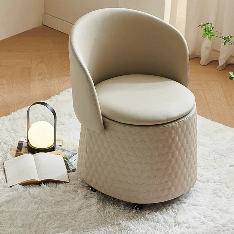 Contemporary Scandinavian Genuine Leather Faux Leather Solid Plywood Arc Hidden Storage Compartment Vanity Stool Backrest Armless For Bedroom