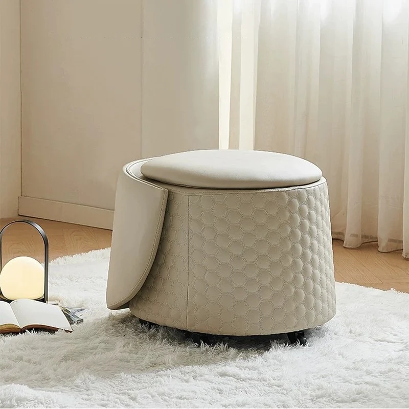 Contemporary Scandinavian Genuine Leather Faux Leather Solid Plywood Arc Hidden Storage Compartment Vanity Stool Backrest Armless For Bedroom