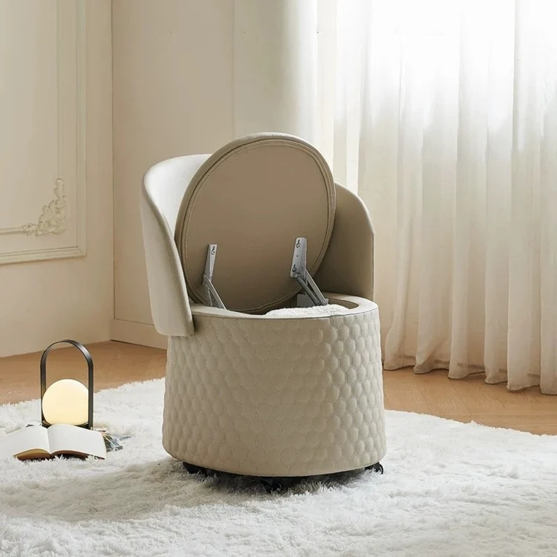 Contemporary Scandinavian Genuine Leather Faux Leather Solid Plywood Arc Hidden Storage Compartment Vanity Stool Backrest Armless For Bedroom