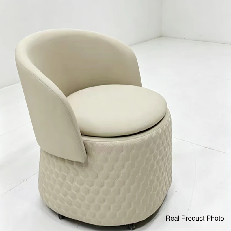Contemporary Scandinavian Genuine Leather Faux Leather Solid Plywood Arc Hidden Storage Compartment Vanity Stool Backrest Armless For Bedroom