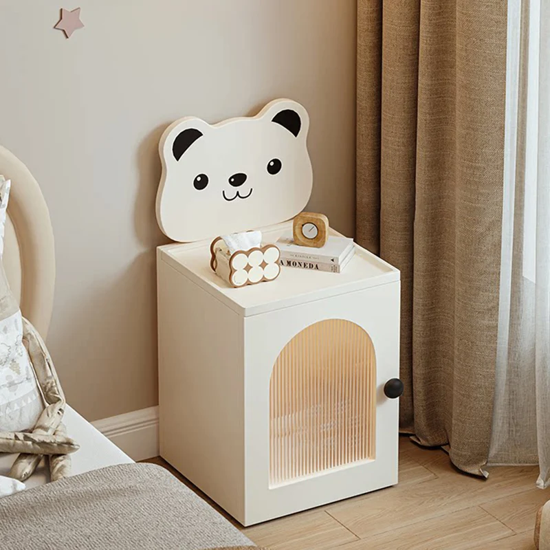 Modern Minimalist Eco-Friendly Vacuum-Formed Panel Fluted Glass Cartoon Bear Rectangular Kids Magnetic USB Charging Sensor Light Nightstand 1-Cabinet For Bedroom