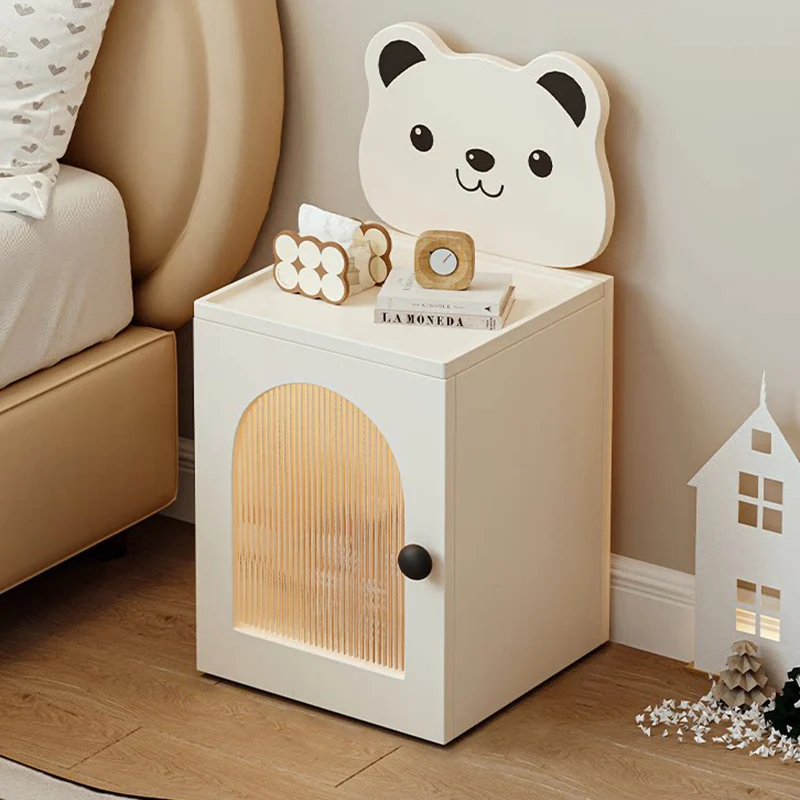 Modern Minimalist Eco-Friendly Vacuum-Formed Panel Fluted Glass Cartoon Bear Rectangular Kids Magnetic USB Charging Sensor Light Nightstand 1-Cabinet For Bedroom