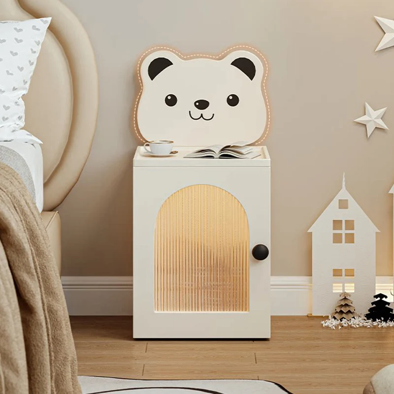 Modern Minimalist Eco-Friendly Vacuum-Formed Panel Fluted Glass Cartoon Bear Rectangular Kids Magnetic USB Charging Sensor Light Nightstand 1-Cabinet For Bedroom