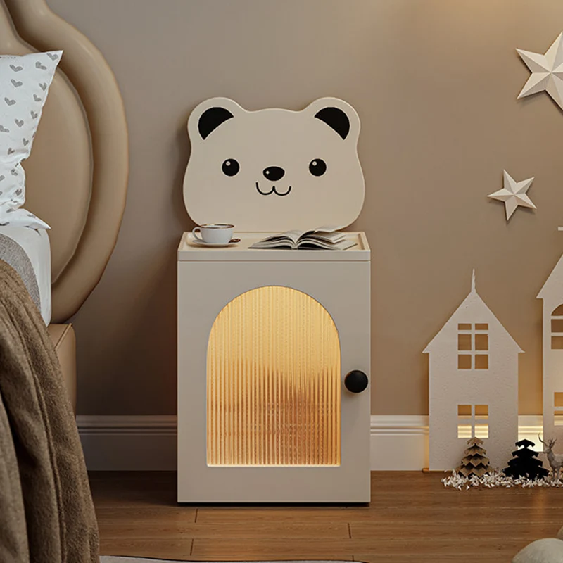 Modern Minimalist Eco-Friendly Vacuum-Formed Panel Fluted Glass Cartoon Bear Rectangular Kids Magnetic USB Charging Sensor Light Nightstand 1-Cabinet For Bedroom