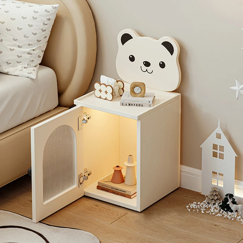 Modern Minimalist Eco-Friendly Vacuum-Formed Panel Fluted Glass Cartoon Bear Rectangular Kids Magnetic USB Charging Sensor Light Nightstand 1-Cabinet For Bedroom
