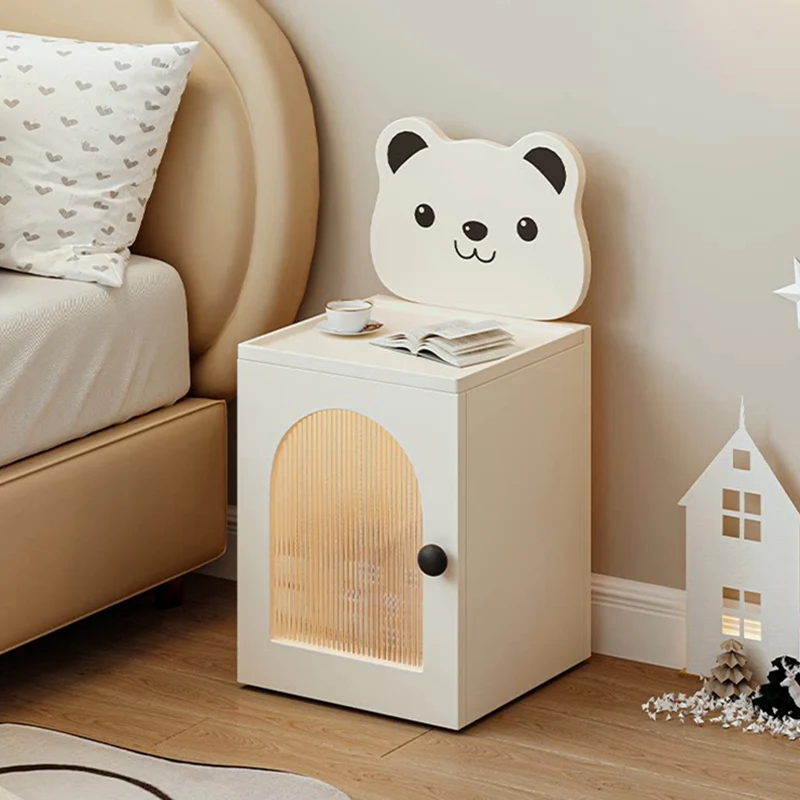 Modern Minimalist Eco-Friendly Vacuum-Formed Panel Fluted Glass Cartoon Bear Rectangular Kids Magnetic USB Charging Sensor Light Nightstand 1-Cabinet For Bedroom