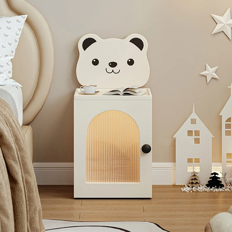 Modern Minimalist Eco-Friendly Vacuum-Formed Panel Fluted Glass Cartoon Bear Rectangular Kids Magnetic USB Charging Sensor Light Nightstand 1-Cabinet For Bedroom