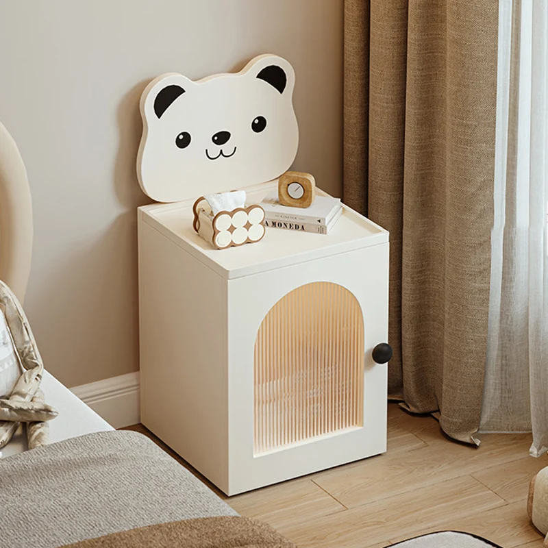 Modern Minimalist Eco-Friendly Vacuum-Formed Panel Fluted Glass Cartoon Bear Rectangular Kids Magnetic USB Charging Sensor Light Nightstand 1-Cabinet For Bedroom
