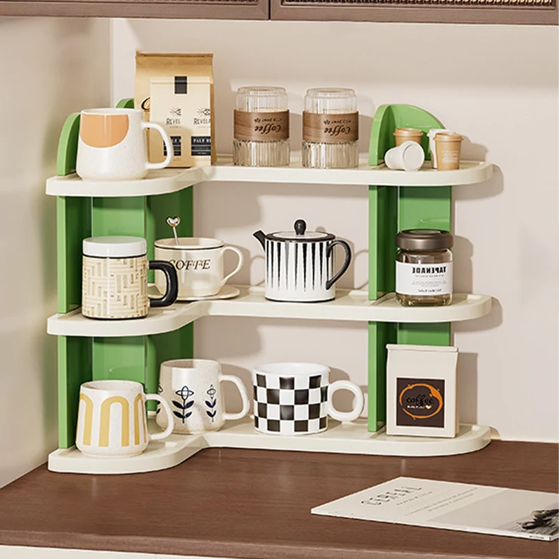 Contemporary Nordic ABS Arc & L-Shaped Lightweight Tabletop Cup Storage Shelf 2/3-Layer For Living Room