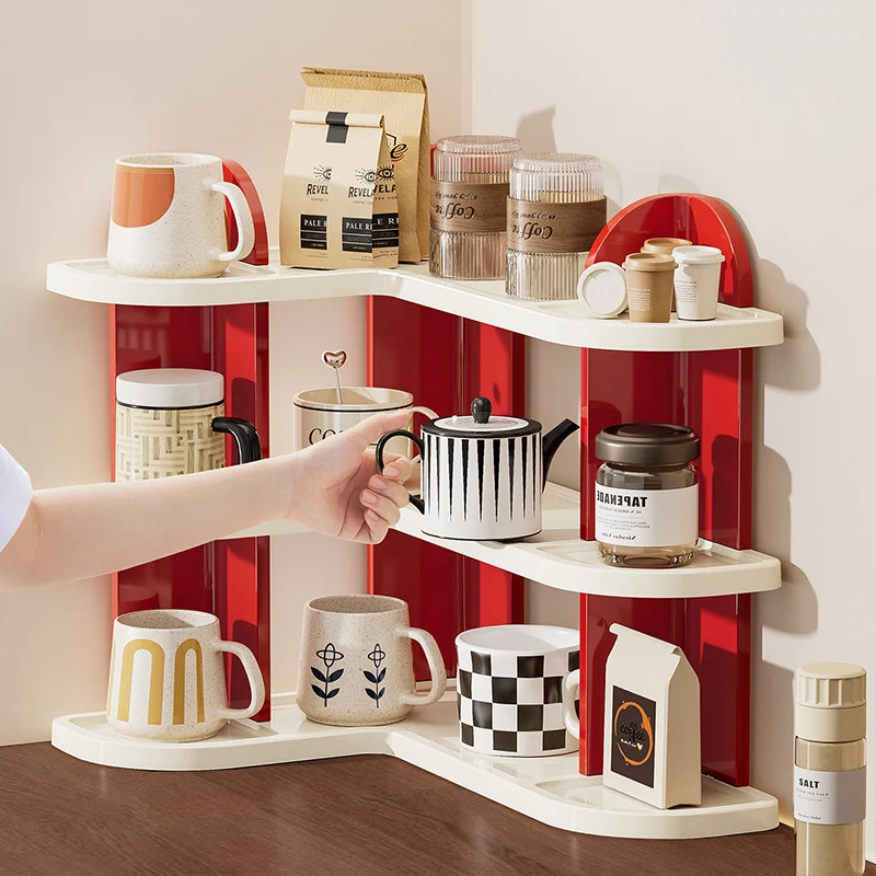 Contemporary Nordic ABS Arc & L-Shaped Lightweight Tabletop Cup Storage Shelf 2/3-Layer For Living Room