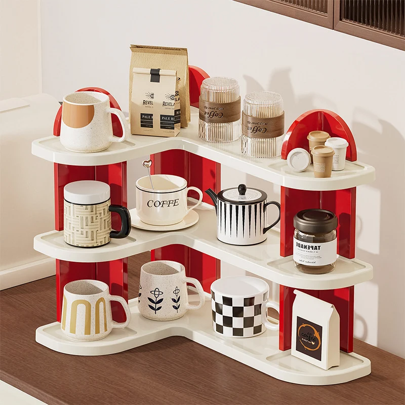 Contemporary Nordic ABS Arc & L-Shaped Lightweight Tabletop Cup Storage Shelf 2/3-Layer For Living Room
