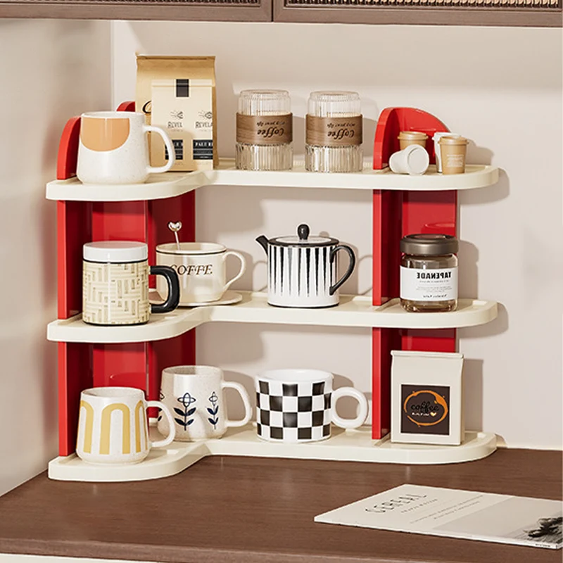 Contemporary Nordic ABS Arc & L-Shaped Lightweight Tabletop Cup Storage Shelf 2/3-Layer For Living Room