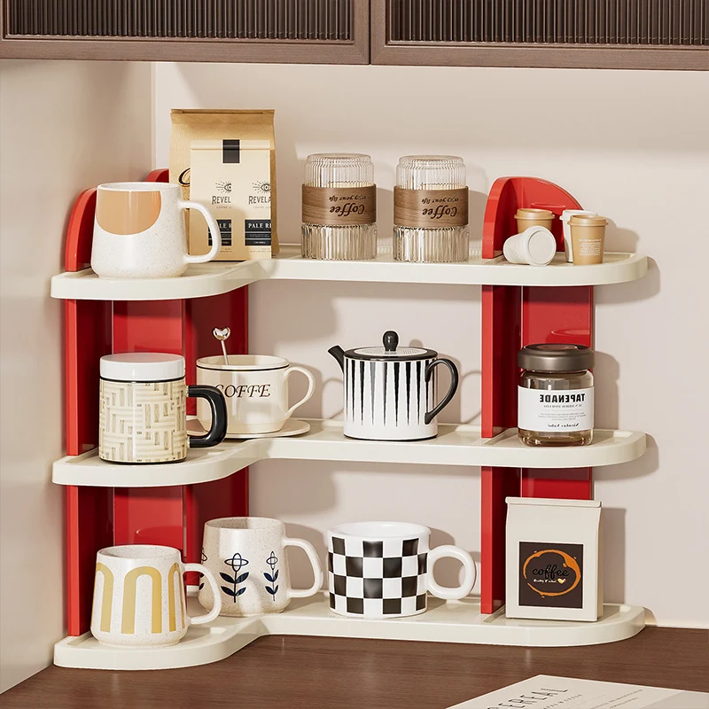 Contemporary Nordic ABS Arc & L-Shaped Lightweight Tabletop Cup Storage Shelf 2/3-Layer For Living Room