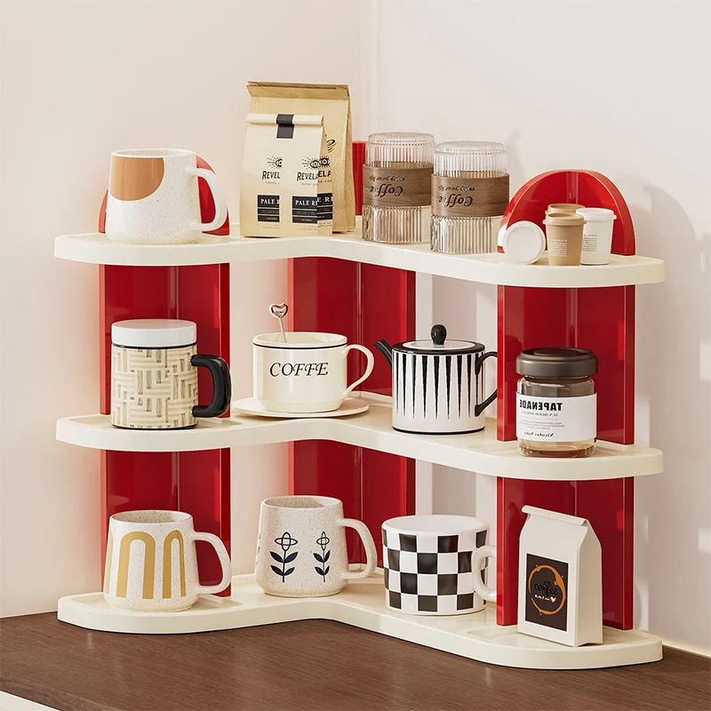 Contemporary Nordic ABS Arc & L-Shaped Lightweight Tabletop Cup Storage Shelf 2/3-Layer For Living Room