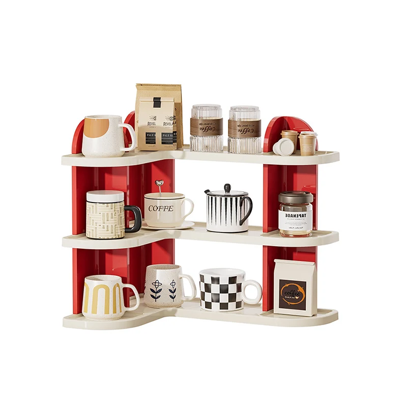 Contemporary Nordic ABS Arc & L-Shaped Lightweight Tabletop Cup Storage Shelf 2/3-Layer For Living Room