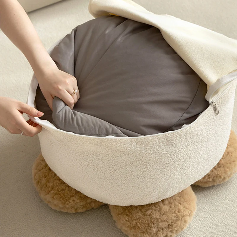 Contemporary Nordic Soft Teddy Fleece EPP Beads Petal Removable & Washable Design Low Stool Backless Armless For Living Room