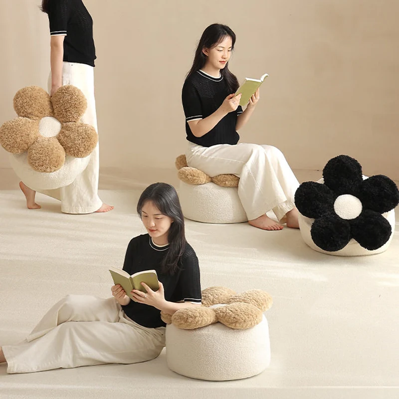 Contemporary Nordic Soft Teddy Fleece EPP Beads Petal Removable & Washable Design Low Stool Backless Armless For Living Room