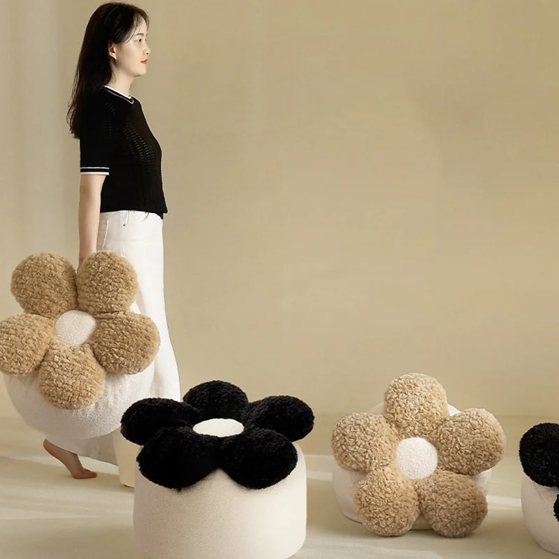 Contemporary Nordic Soft Teddy Fleece EPP Beads Petal Removable & Washable Design Low Stool Backless Armless For Living Room