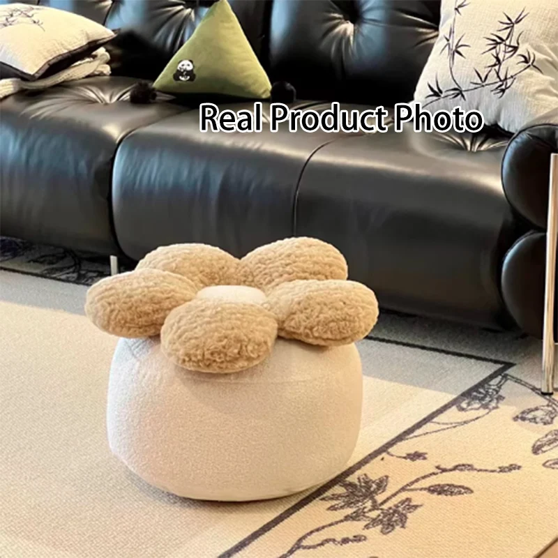 Contemporary Nordic Soft Teddy Fleece EPP Beads Petal Removable & Washable Design Low Stool Backless Armless For Living Room