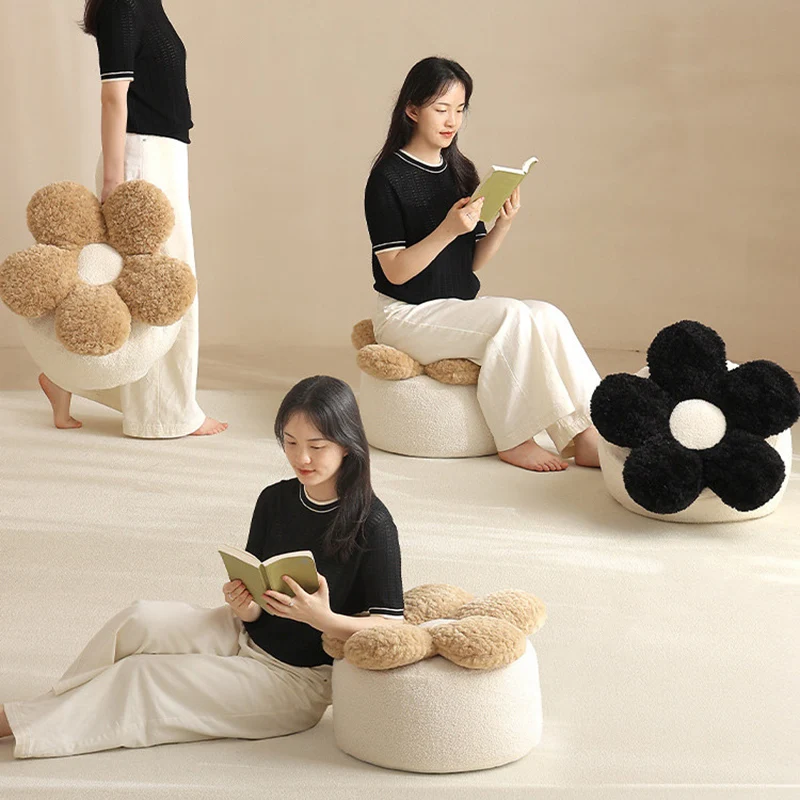 Contemporary Nordic Soft Teddy Fleece EPP Beads Petal Removable & Washable Design Low Stool Backless Armless For Living Room