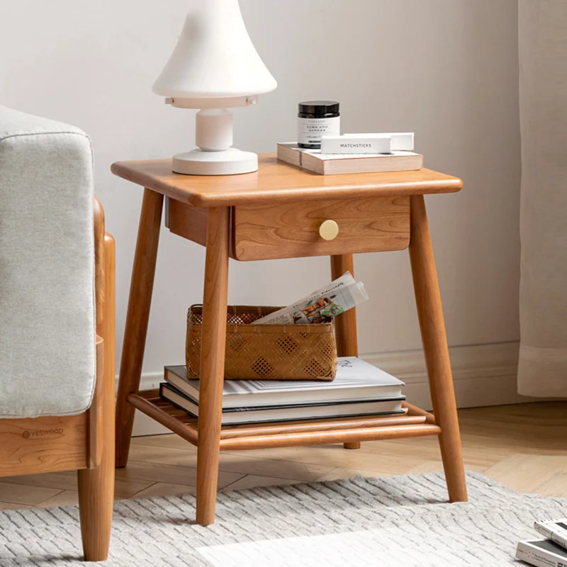 Traditional Rustic Cherry Wood Paulownia Wood Trapezoidal Sturdy Side Table 1-Drawer For Living Room & Bedroom