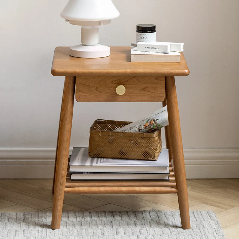 Traditional Rustic Cherry Wood Paulownia Wood Trapezoidal Sturdy Side Table 1-Drawer For Living Room & Bedroom