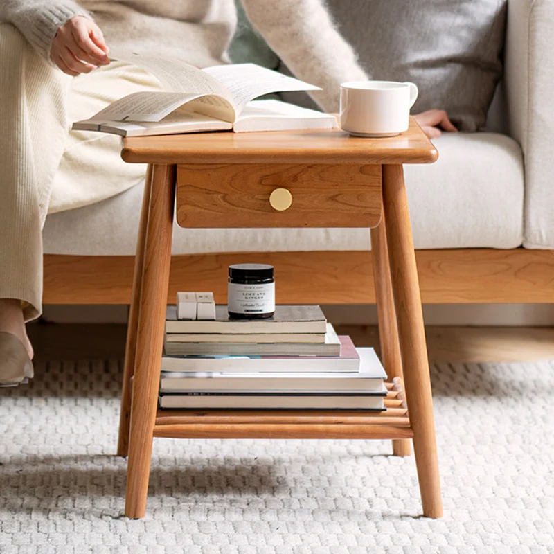 Traditional Rustic Cherry Wood Paulownia Wood Trapezoidal Sturdy Side Table 1-Drawer For Living Room & Bedroom