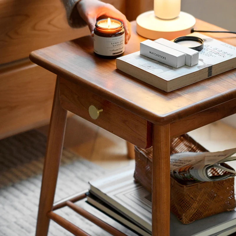 Traditional Rustic Cherry Wood Paulownia Wood Trapezoidal Sturdy Side Table 1-Drawer For Living Room & Bedroom