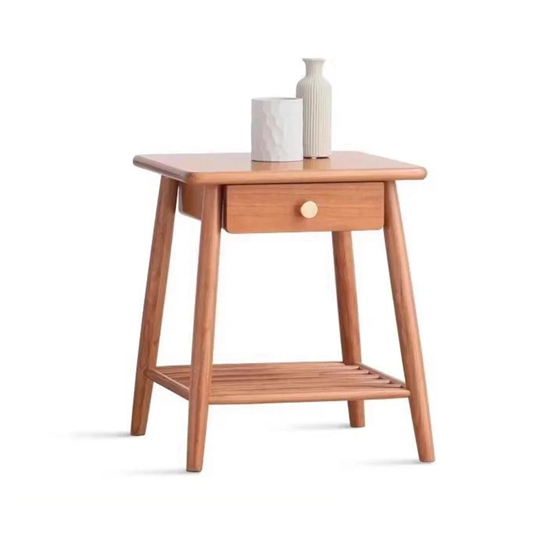 Traditional Rustic Cherry Wood Paulownia Wood Trapezoidal Sturdy Side Table 1-Drawer For Living Room & Bedroom