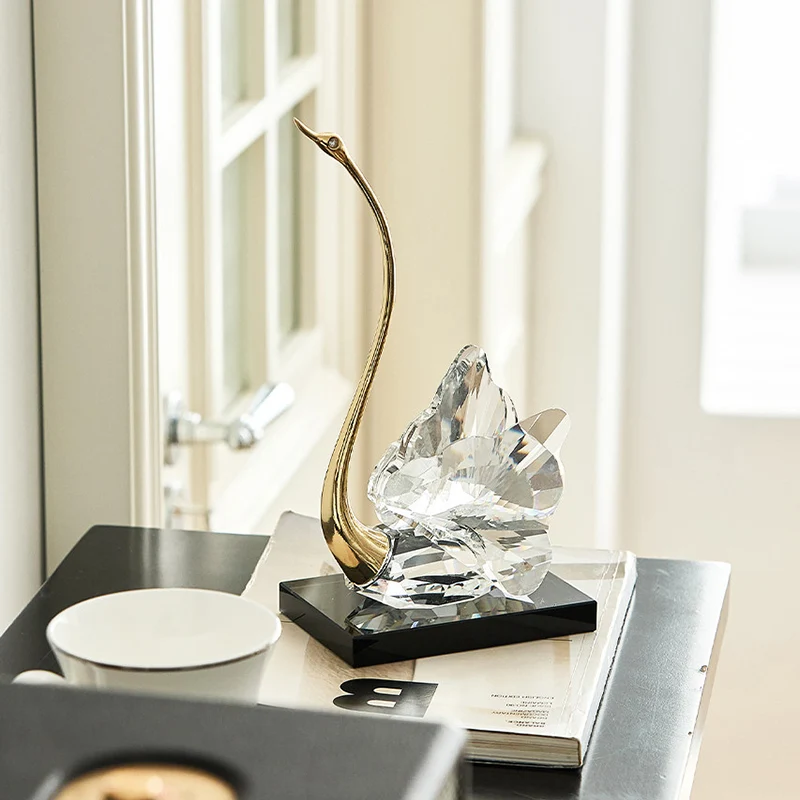 Modern Luxury Crystal Glass Metal Swan Figurine Set Decorative Sculpture Desk Decor For Living Room