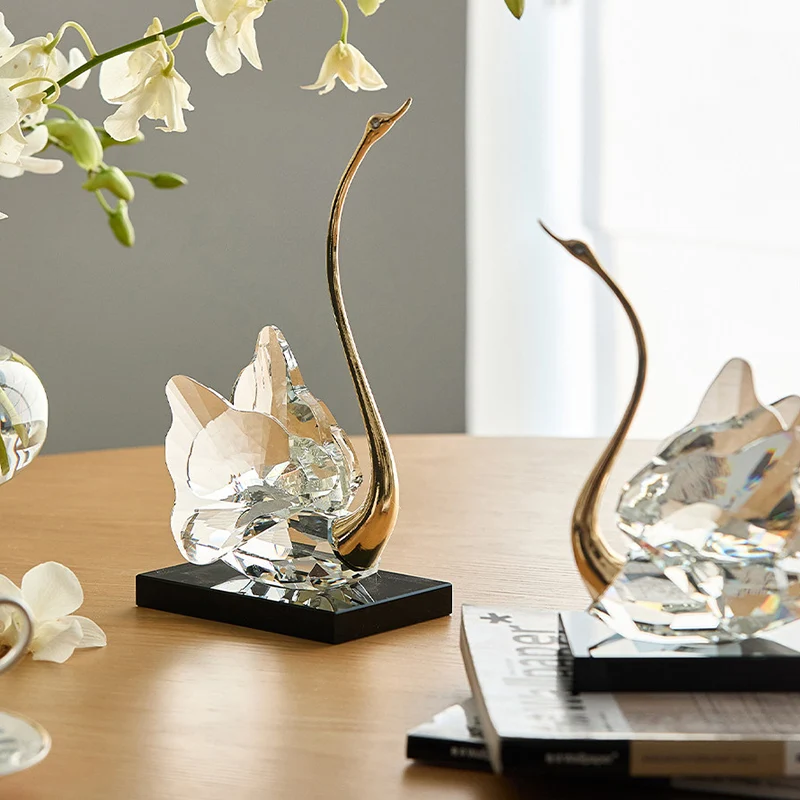 Modern Luxury Crystal Glass Metal Swan Figurine Set Decorative Sculpture Desk Decor For Living Room