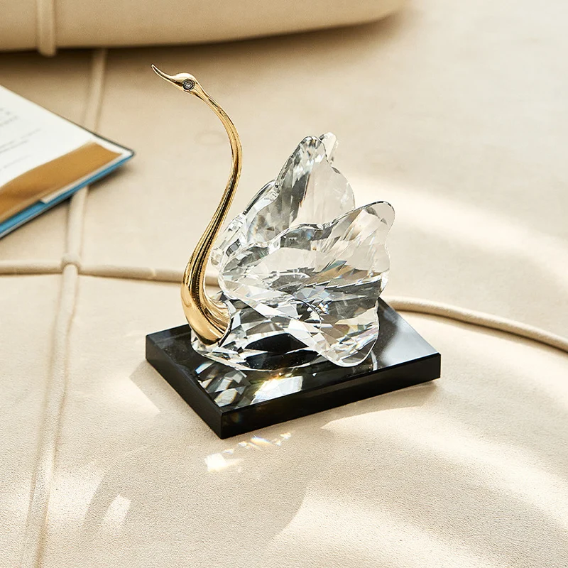 Modern Luxury Crystal Glass Metal Swan Figurine Set Decorative Sculpture Desk Decor For Living Room