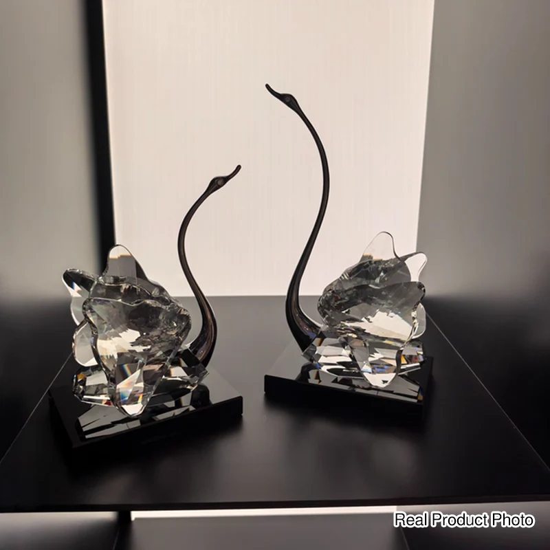 Modern Luxury Crystal Glass Metal Swan Figurine Set Decorative Sculpture Desk Decor For Living Room